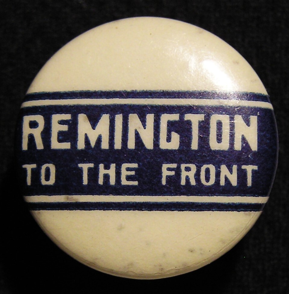 1890's REMINGTON ARMS "TO THE FRONT" BICYCLE ADVERTISING BUTTON STUD PIN - W&H