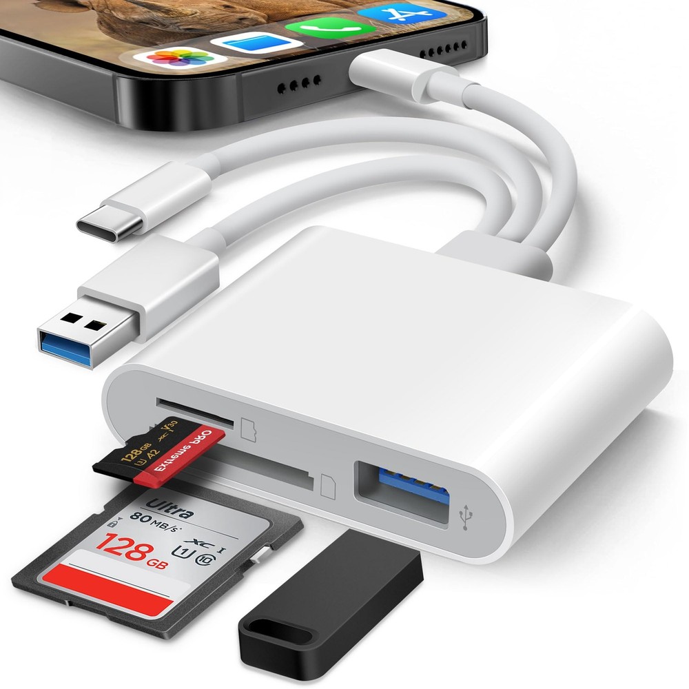 SD Card Reader for iPhone iPad Mac, Lightening & USB-C & USB-A 3 in 1 White