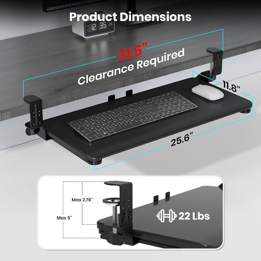 Keyboard Tray Under Desk, Pull Out Keyboard & Mouse Tray with Adjustable C-Clamp