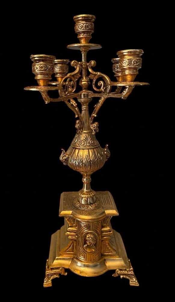 Empire Triptych Gilded Bronze Marble Base Clock and Candlesticks