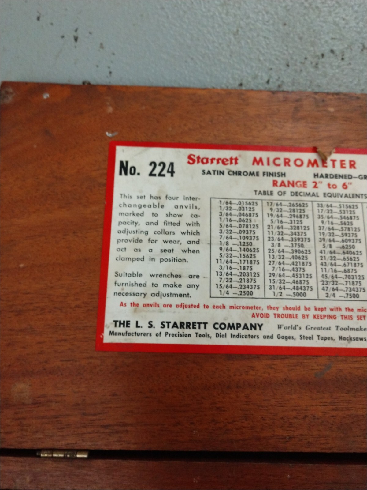 Starrett 224 A Interchangeable Anvil Outside Micrometer Set 2-6" .001" in case