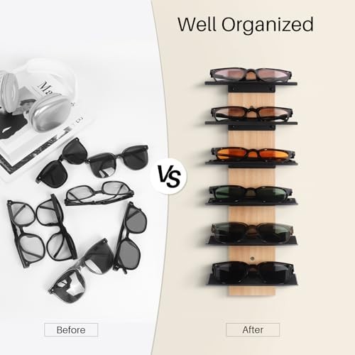 Wall-Mounted Sunglasses Organizer - Solid Wood 6-Tier Eyeglasses Display Rack