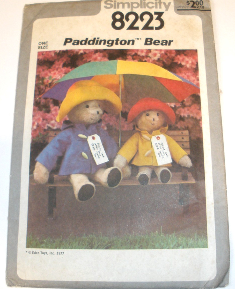 Simplicity 8223 Paddington Bear +Raincoat Hat Sewing Pattern 13 & 18" UNCUT