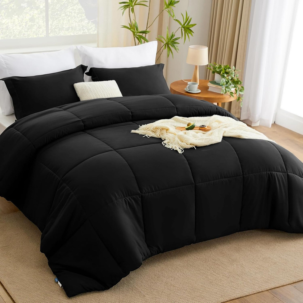 Full Size Comforter Sets - Black Comforter Full Size, 3 Pieces Box Stitched Bed