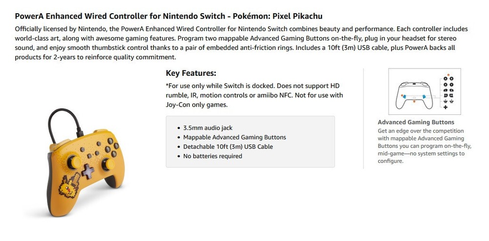 PowerA *OFFICIAL* Enhanced Wired Controller *PIXEL PIKACHU EDITION* (Switch) New