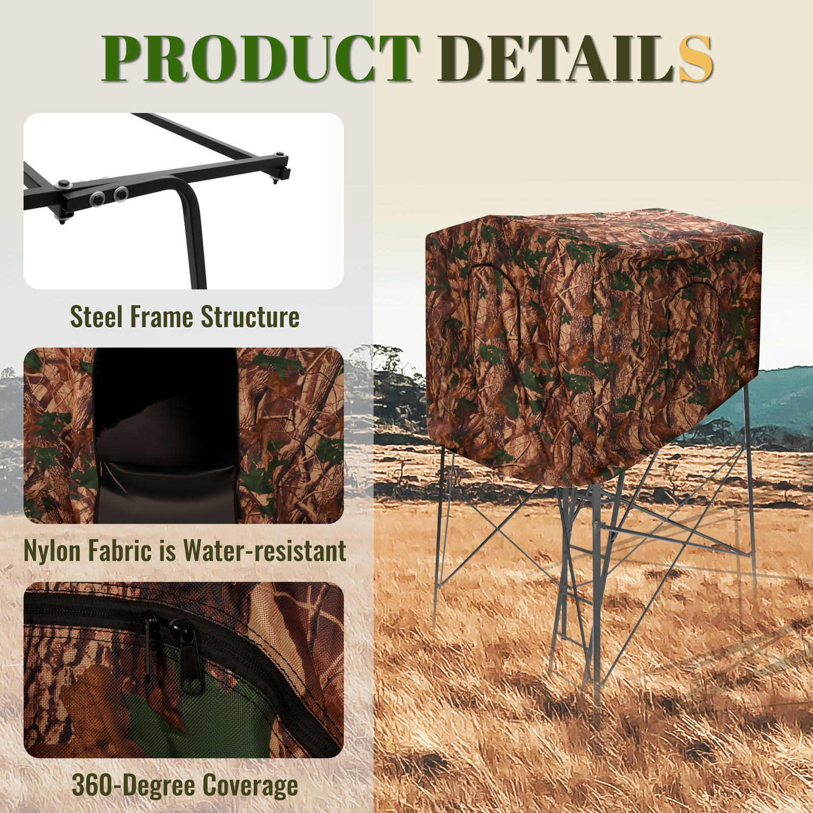 24LBS Steel+Cloth 7' Tall Quad Pod Hunting Blind Cover 2 Person Camouflage Black