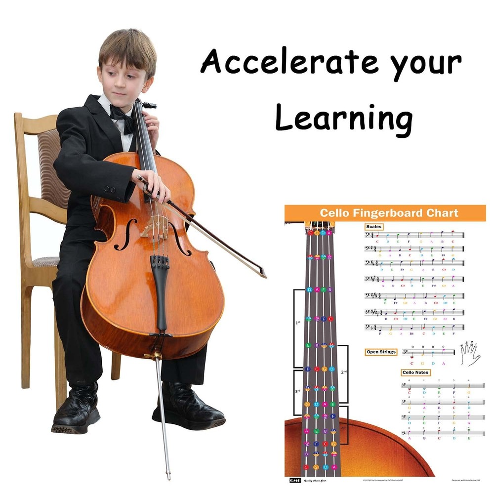 QMG Cello Fingering Chart with Color-Coded Notes, Scales 11x17, Silver