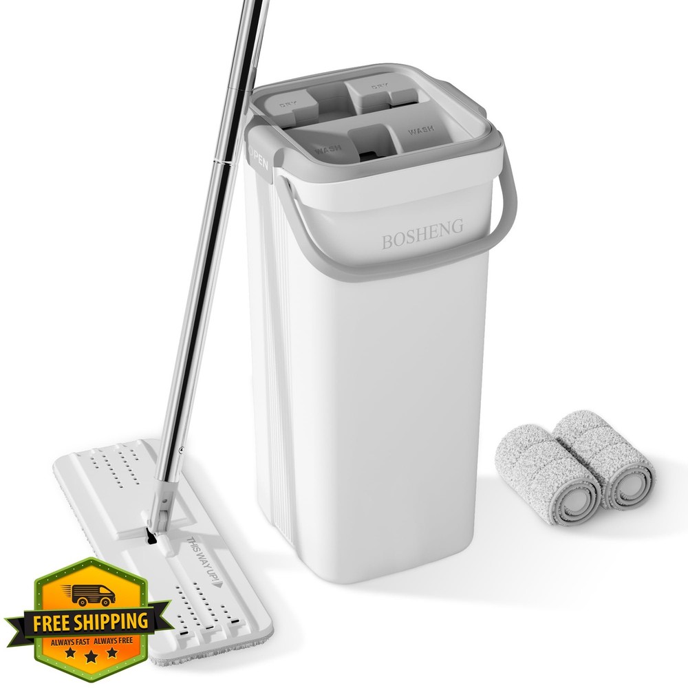 BOSHENG Flat Mop Bucket Set Extensible 60" Handle 2 Microfiber Pads