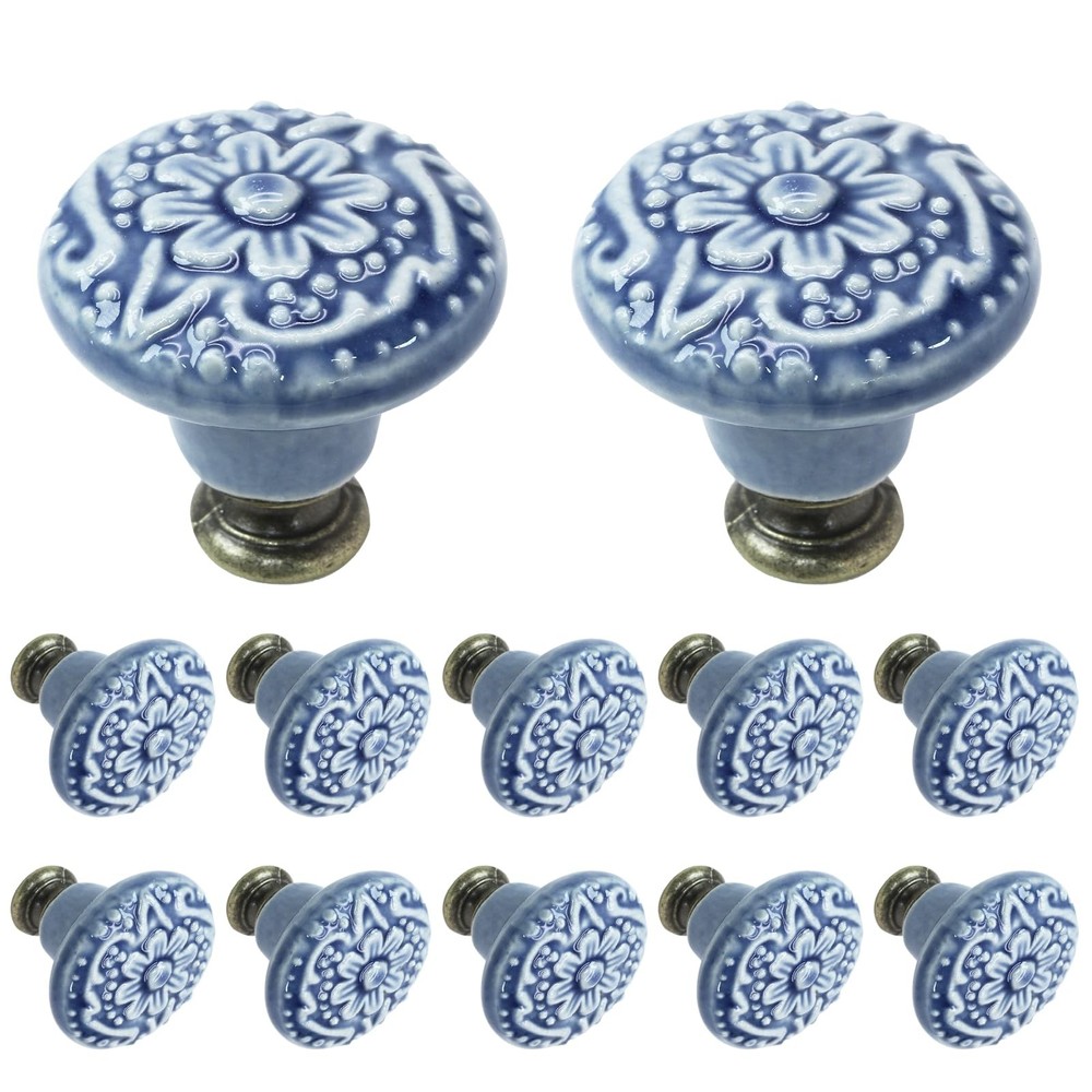 12 Pcs Light Blue Vintage Ceramic Cabinet Knobs, Round Drawer & Door Pulls