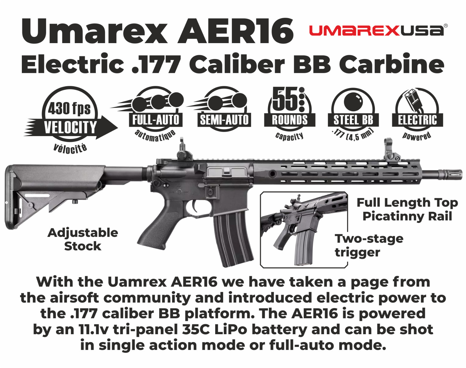 Umarex AER16 .177 Caliber Electric-Powered Full Auto Air Rifle 2252126 with BBs