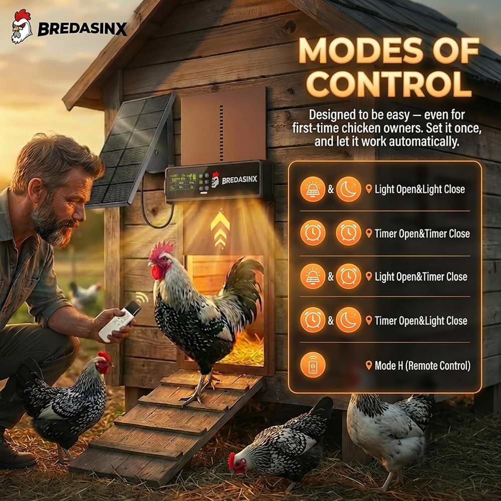 Automatic Chicken Coop Door Solar Powered with HD Screen, Timer & Light Sensor,