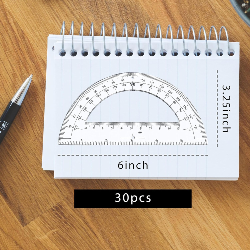 30PCS Clear Plastic Student Math Protractor 6-Inch Long 180 Degree for Angle Mea