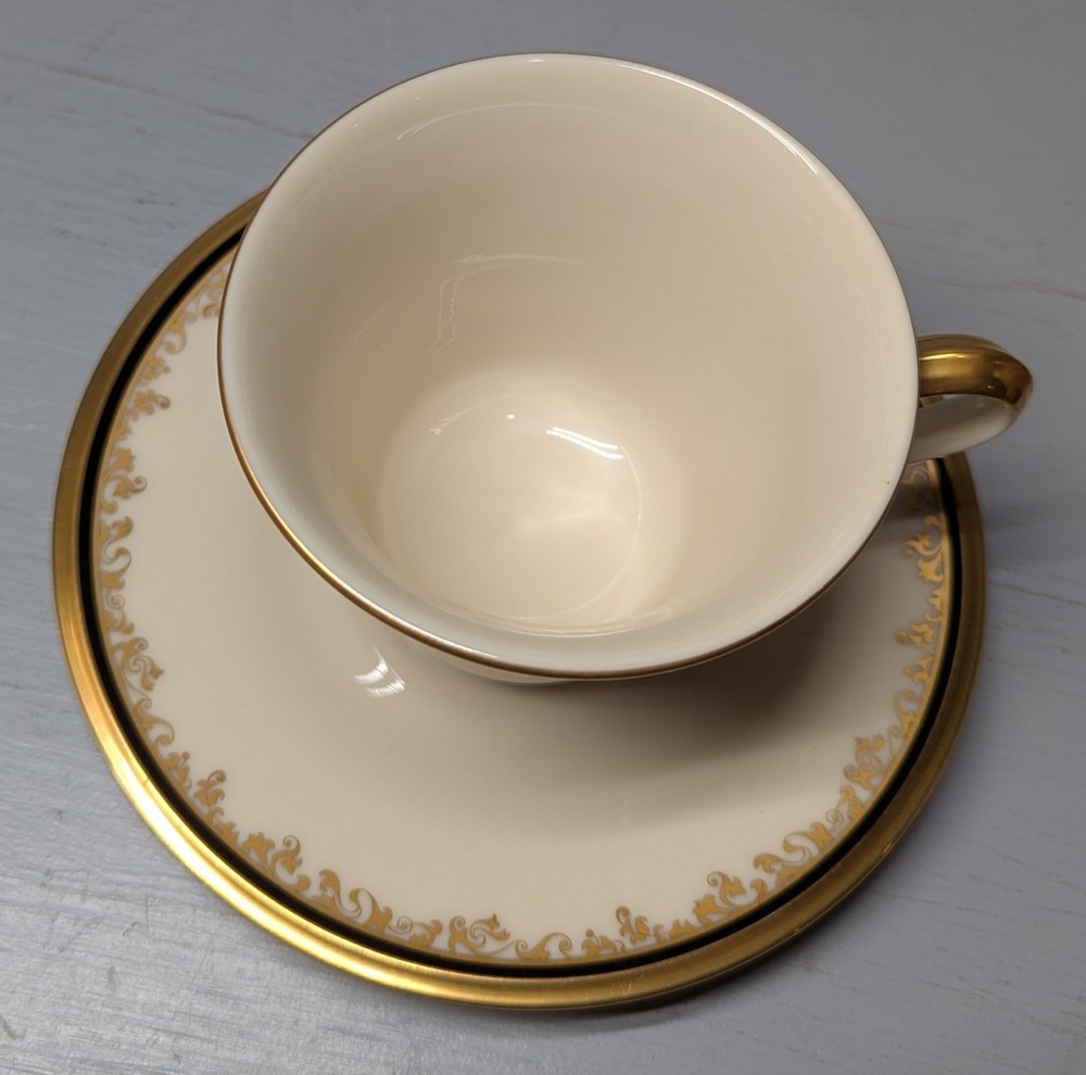 Tea cup and 6" saucer Lenox china Eclipse pattern ivory cream gold