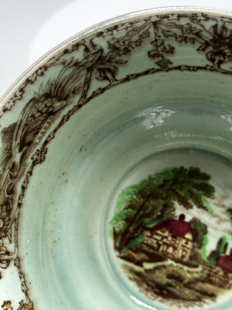 Rare Silver Overlay Pastoral Scene Poly Brown Transferware Cup