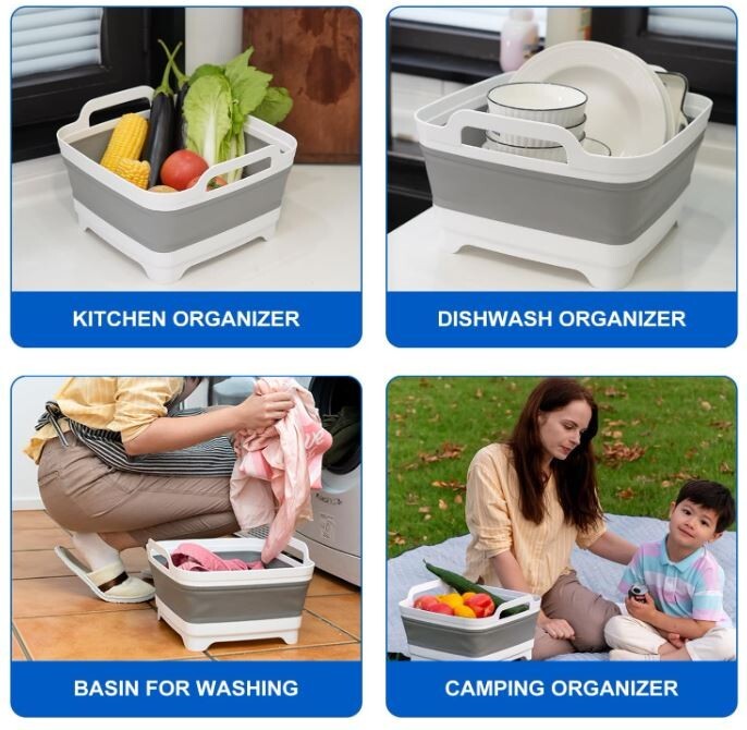 2 PACK! Gray Collapsible Sink with Drain, Wash Basin Camping Kitchen Laundry Tub