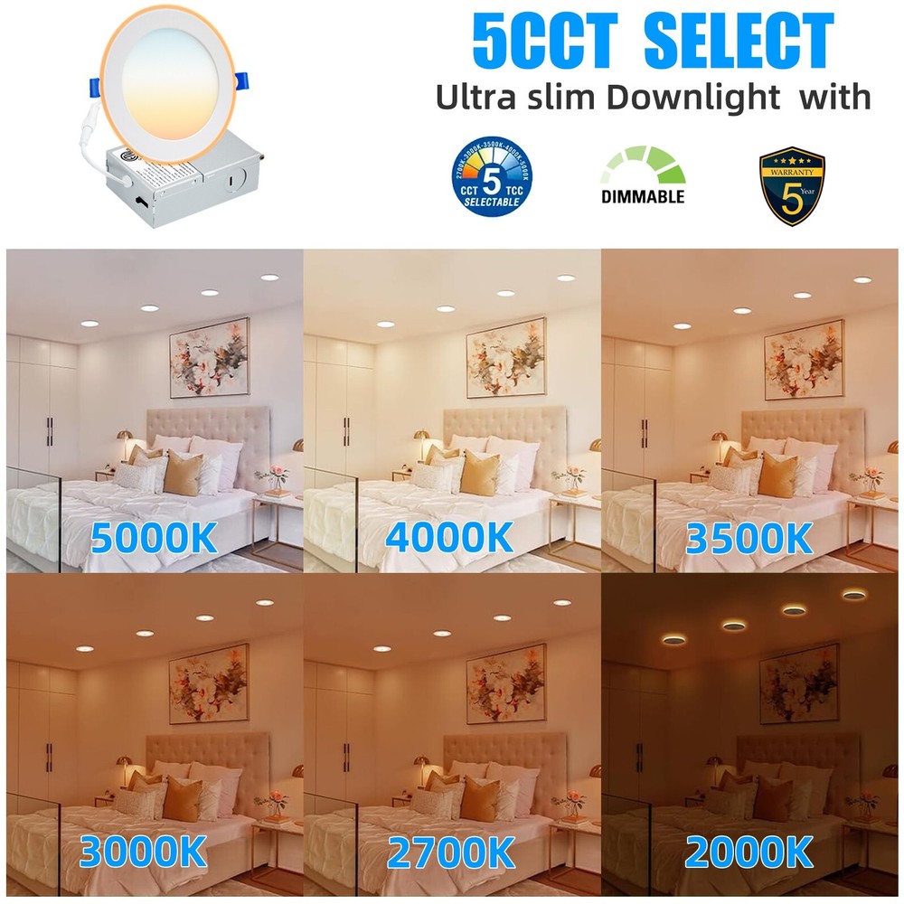 6 Pack 4 Inch Ultra-Thin LED Recessed Ceiling Light with Junction Box DIMMABLE