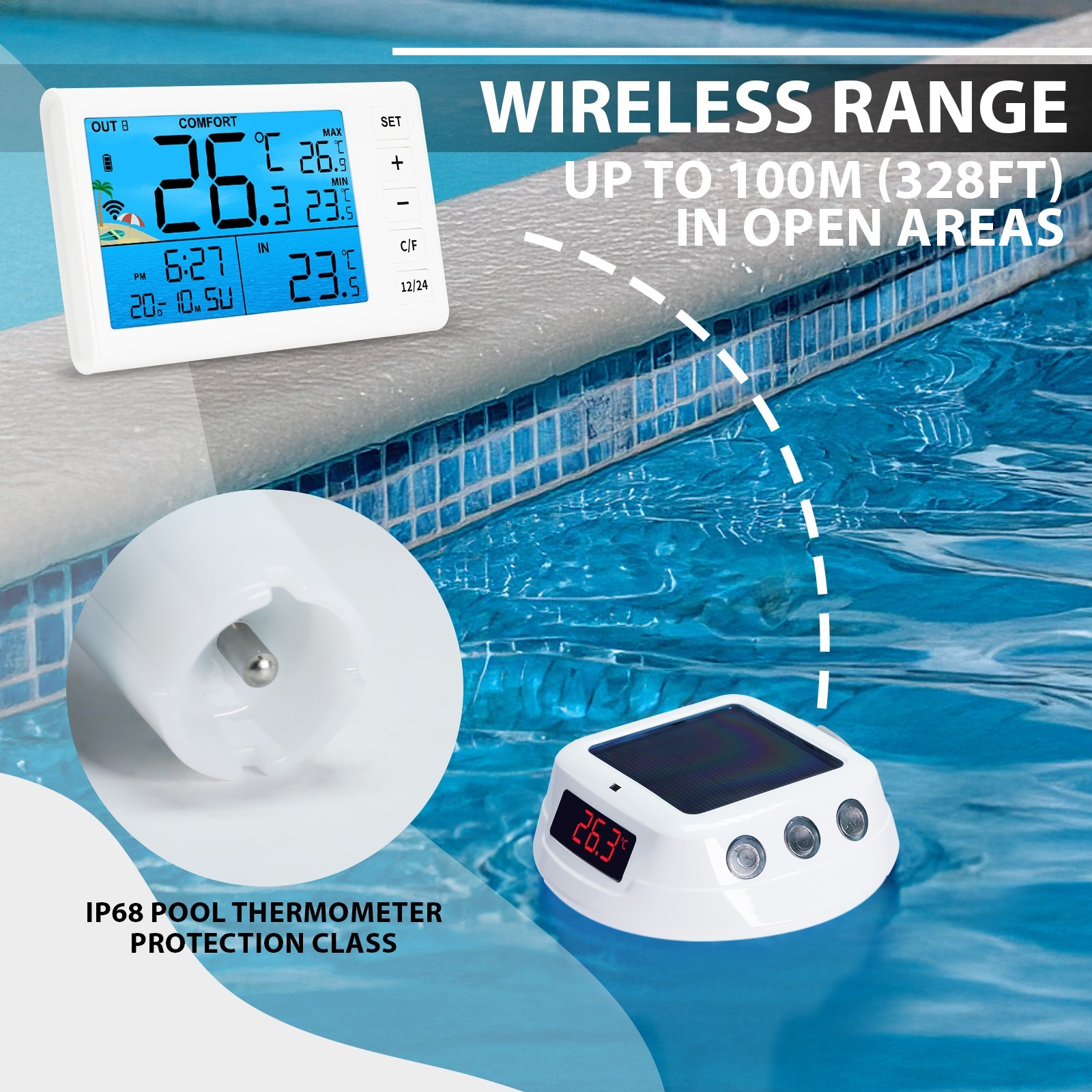ILTH-517 Wireless Solar Pool Thermometer RGB Lights IP68 Floating Gauge for Pool