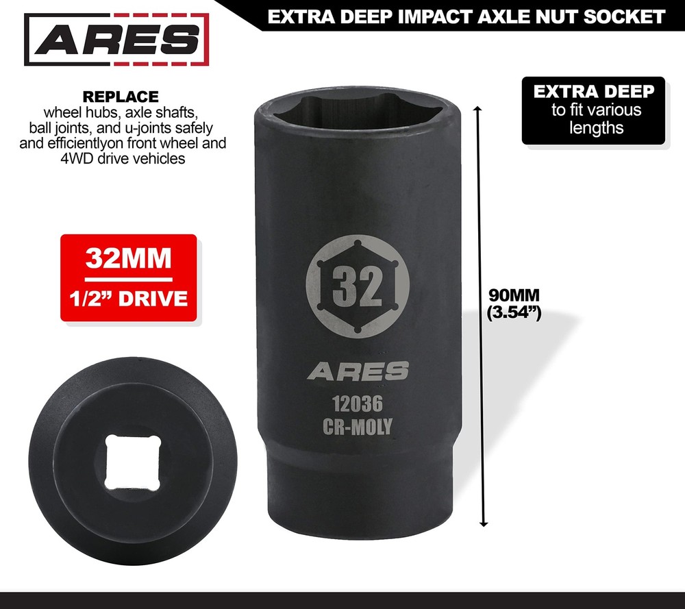 32MM Axle Nut Socket 6 Point Extra Deep 1/2Inch Drive Impact Tool""
