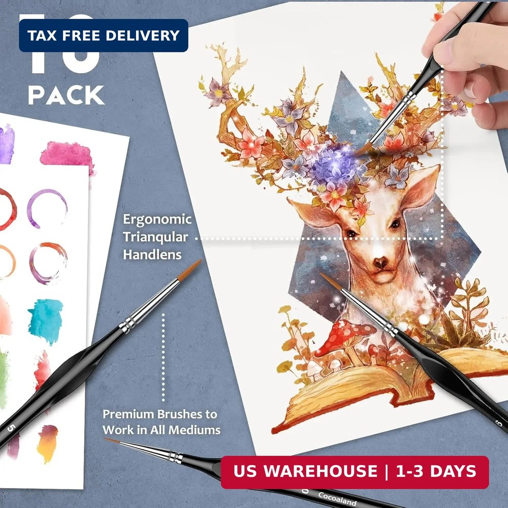 10Pcs Micro Paint Brushes Set with Triangular Handles - For Acrylic, Watercolor,