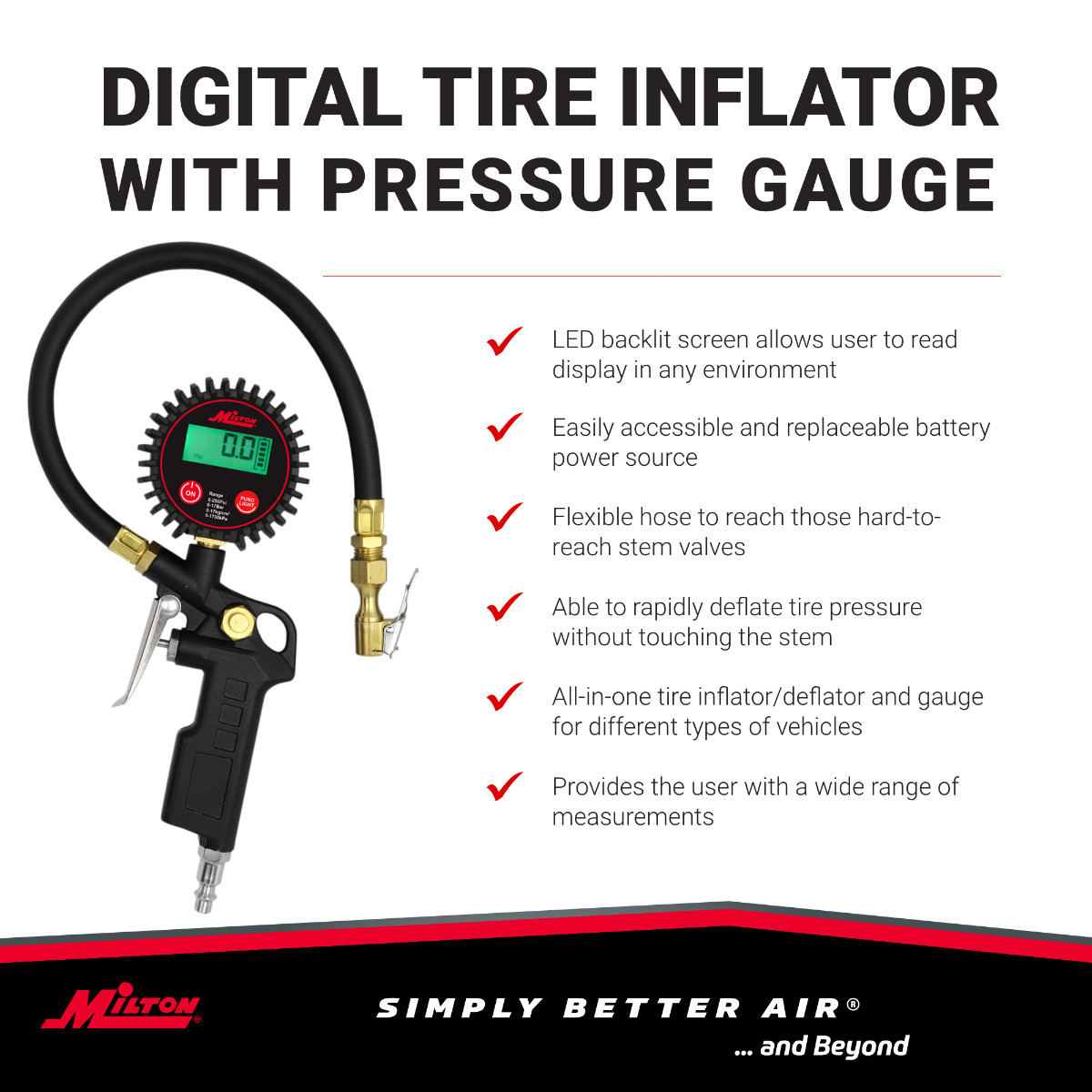 Milton® Digital Tire Inflator / Pressure Gauge, 0-250 PSI, 14" Air Hose, Lock-on