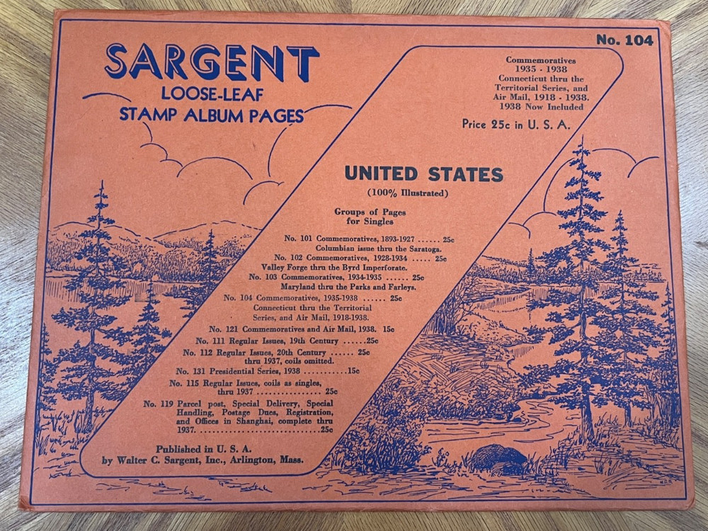 VINTAGE SARGENT LOOSE LEAF STAMP ALBUM PAGES #104 US COMMEMORATIVES, 1935-38+