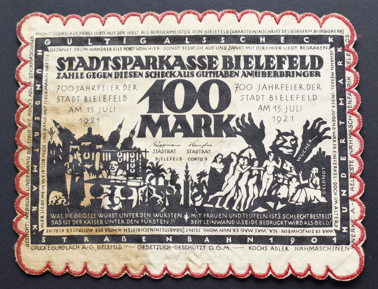 GERMANY NOTGELD Bielefeld 100 Mark 1921 War Emergency cloth textile Money Silk