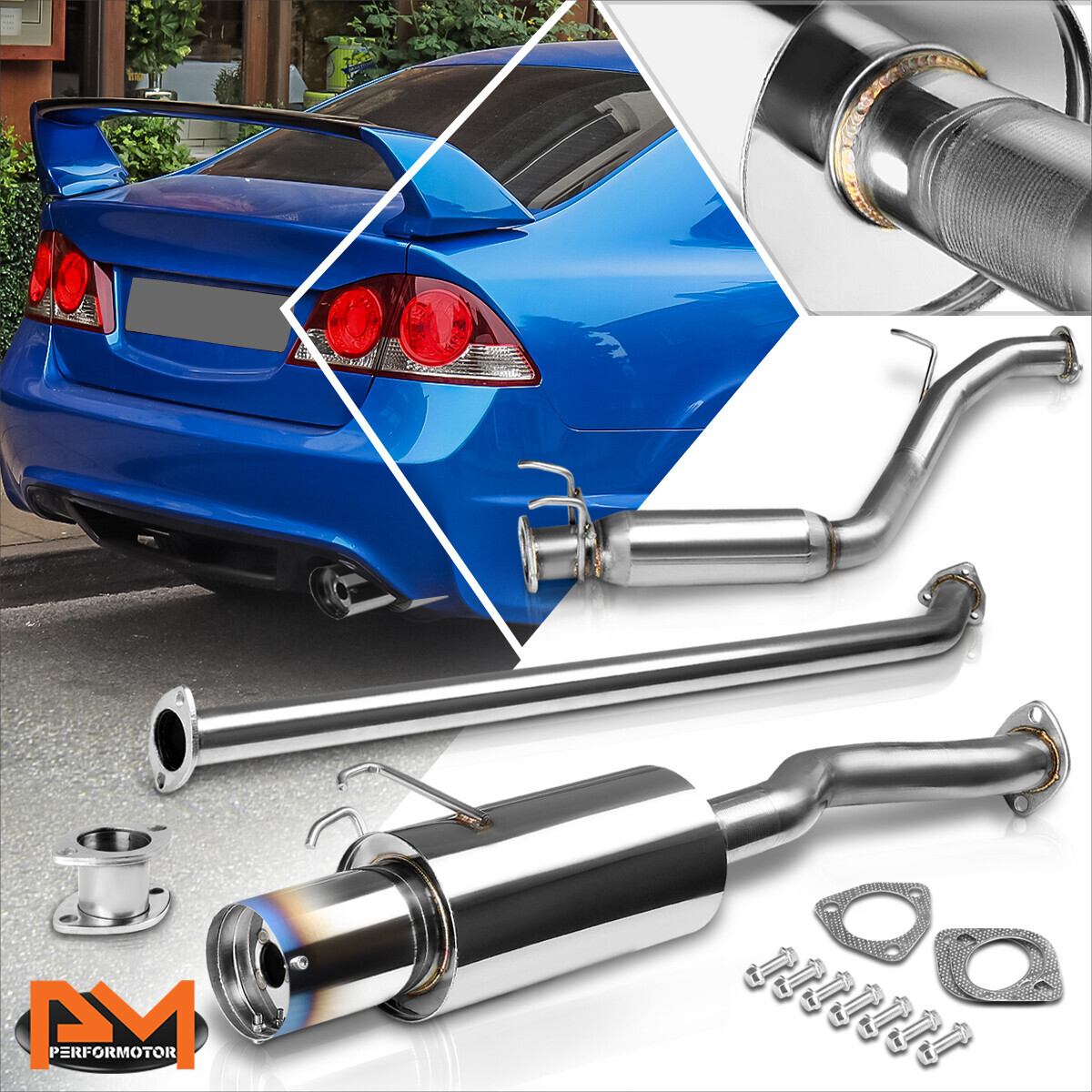 For 06-11 Honda Civic EX/LX/DX 4" Burnt Tip Muffler Stainless Catback Exhaust