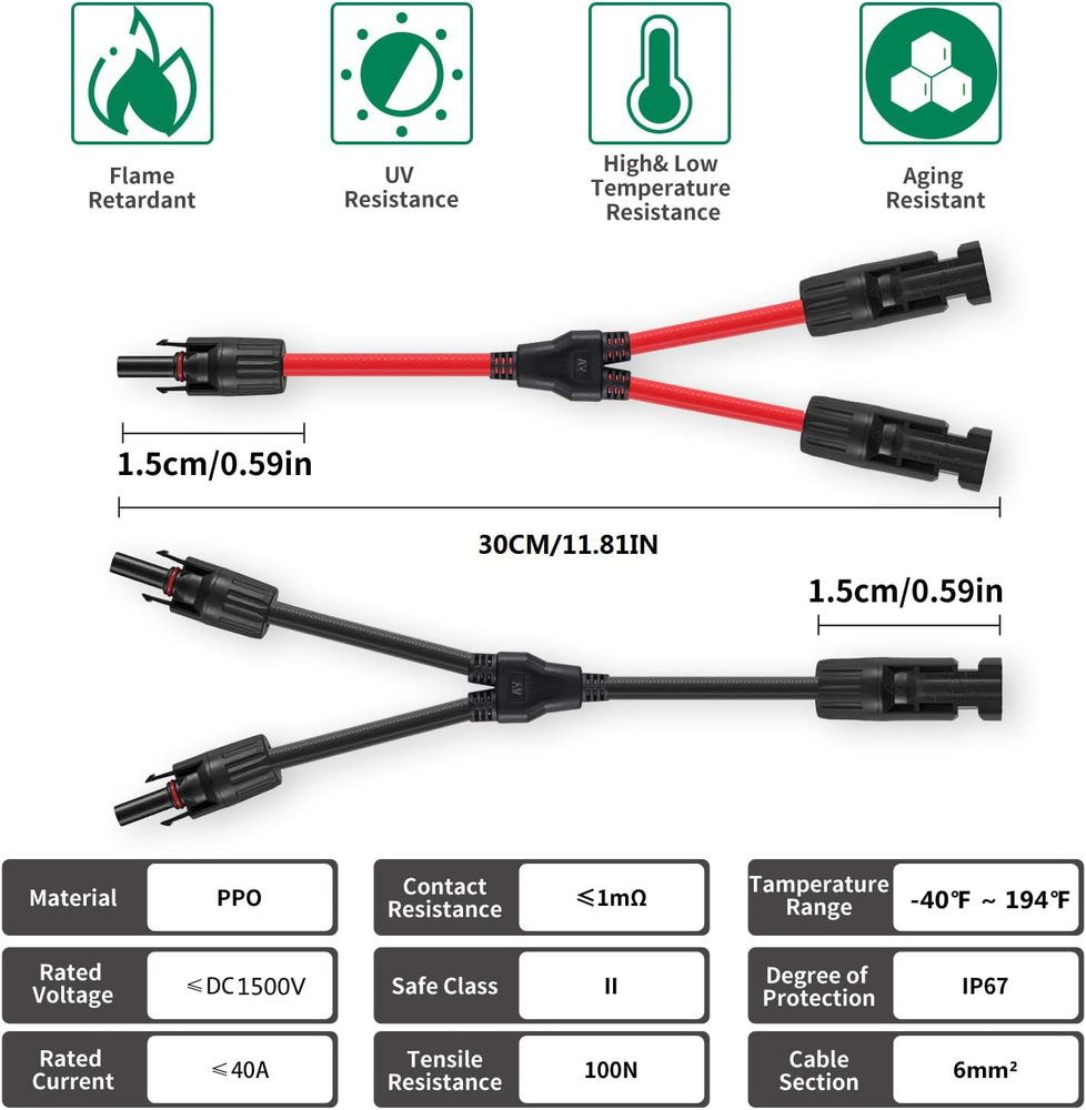 Solar Connectors Y Branch Parallel Adapter 10AWG Cable for Solar Panel (Red & Bl