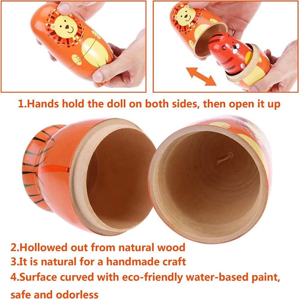 5 Pcs Cute Nesting Dolls Handmade Wooden Different Pattern Animals Pattern Toys