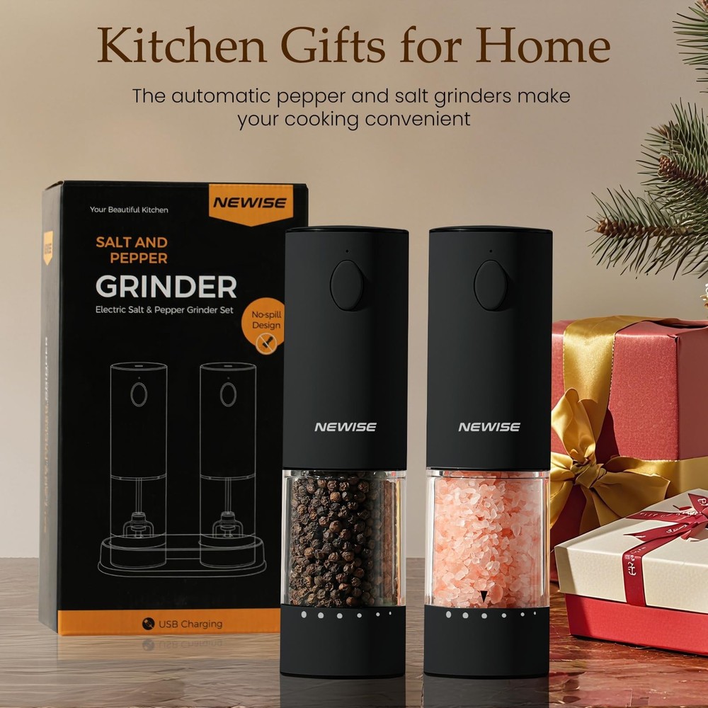 Electric Salt & Pepper Grinder Set, Rechargeable with LED Light & External Co...