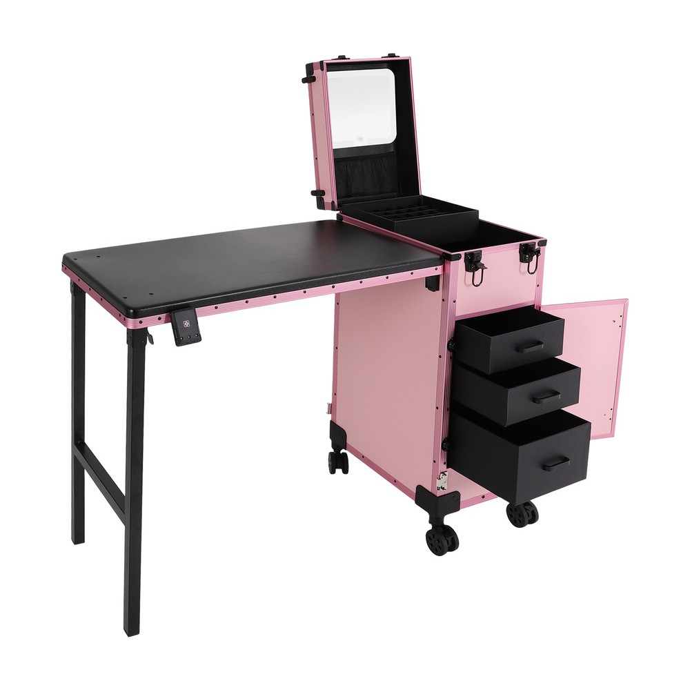 Rolling Makeup Case, Rolling Portable Manicure Table with 3 Drawers Lockable