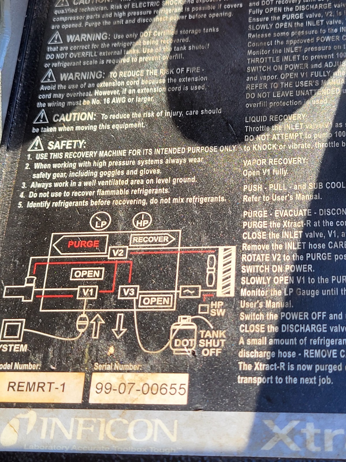 Inficon Vortex Dual Refrigerant Recovery Machine model #REMRT-1 SN# 0025045