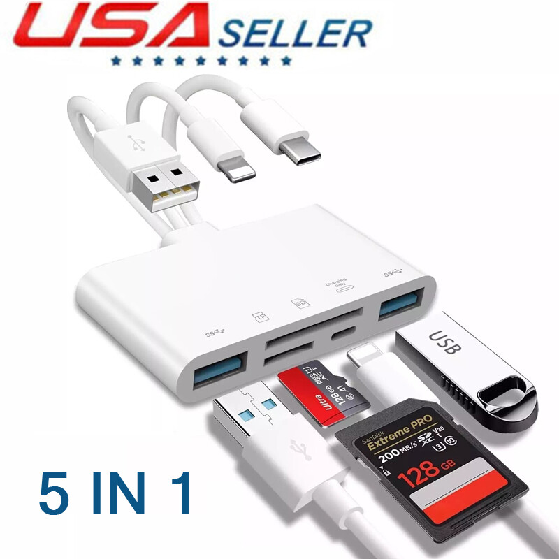 5 in 1 Multi-function TF SD Card Reader For Type-C Phone/iPhone USB OTG Adapter