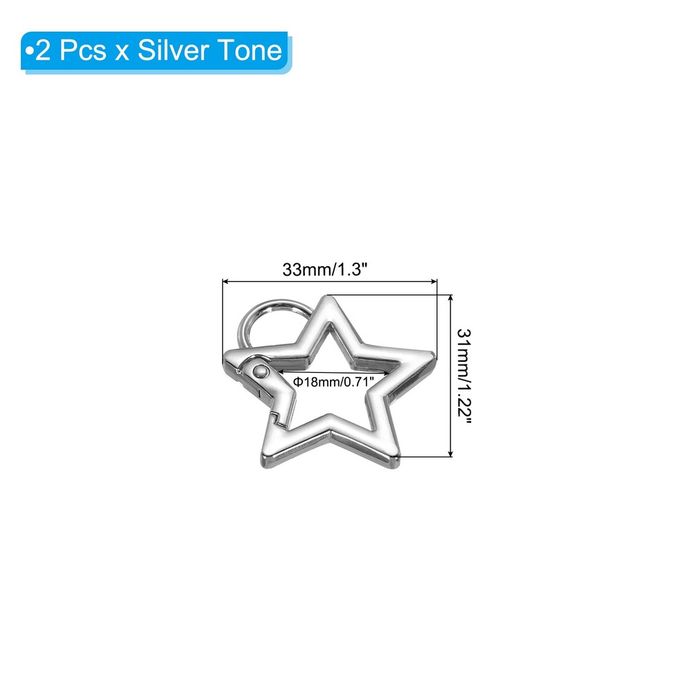 2Pcs 42mm Star Shaped Spring Snap Keychain Clip Trigger Keychain W Ring Silver