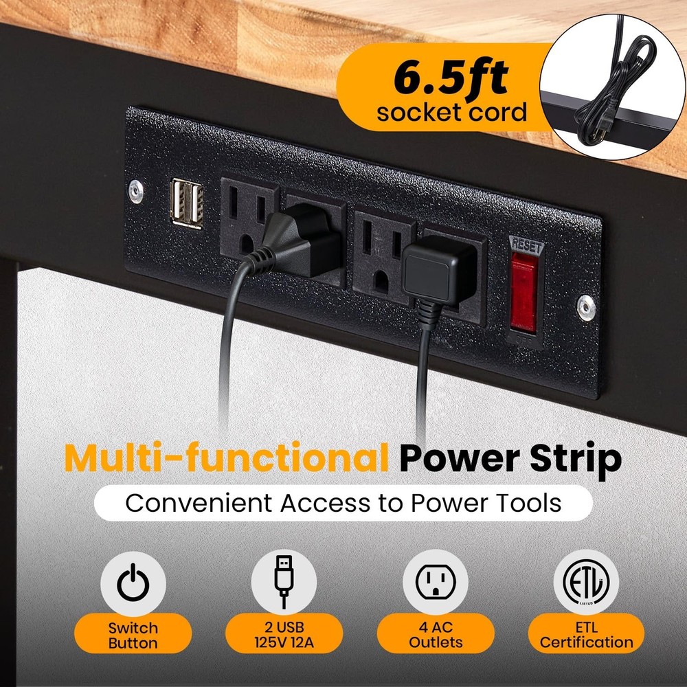60" Heavy Duty Workbench ,Adjustable Work Bench Garage w/ Power Outlets & Drawer