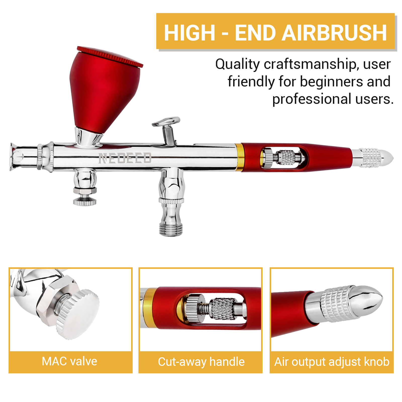 NEOECO SJ83 Airbrush, Self-Centring Plug-in Nozzle, Dual Action Air Brush Set