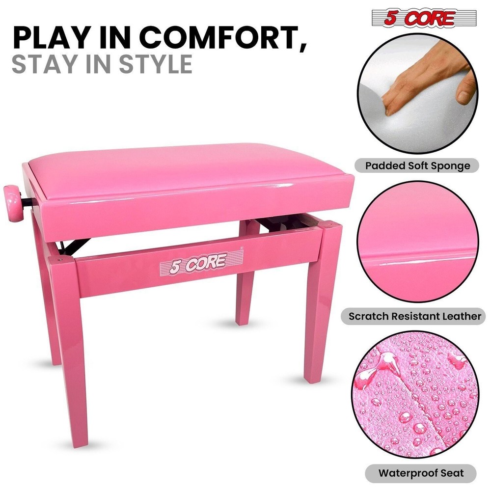 5 Core Piano Bench Height Adjustable Padded Cushion Solid Wood Keyboard Stool