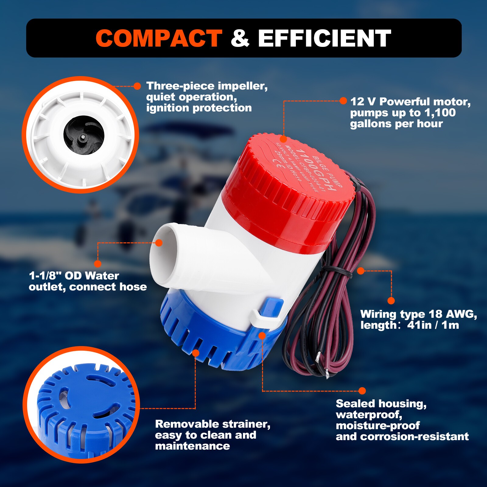 1100 GPH Boat Bilge Water Pump 12V 1-1/8 Inch Dia Bilge Pump Plumbing Kit W/Hose