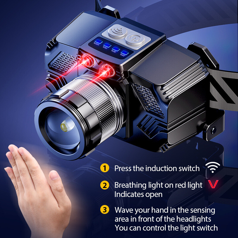 LED Motion Sensor Headlamp USB Headlight Torch Flashlight with White Red Light