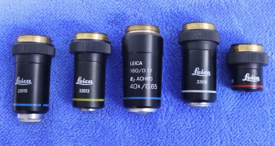 x5 Used Leica Achro Microscope Objectives #32016 32012 32015 32013 & E2 Germany