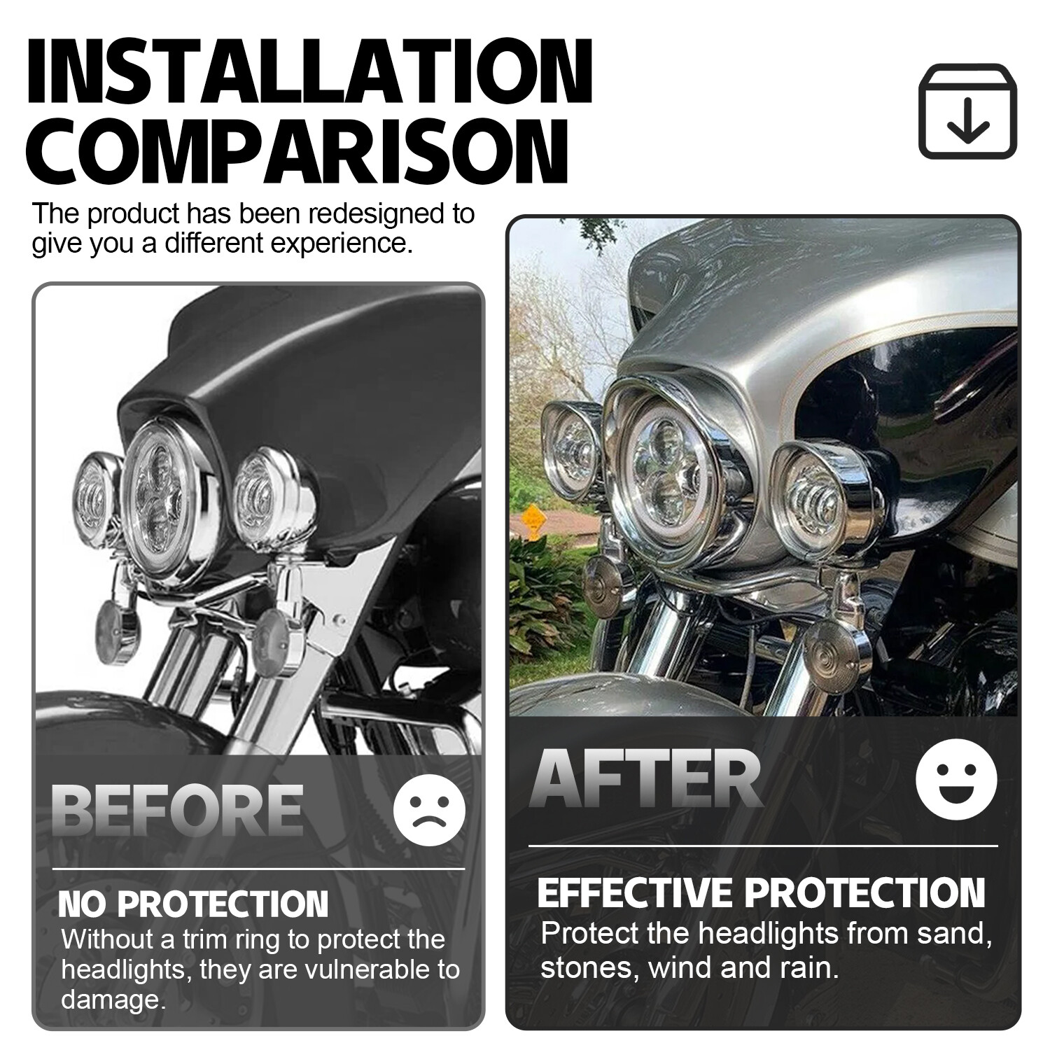 7" + 4.5" Headlight Fog Light Visor Style Trim Ring For Harley Touring Dyna