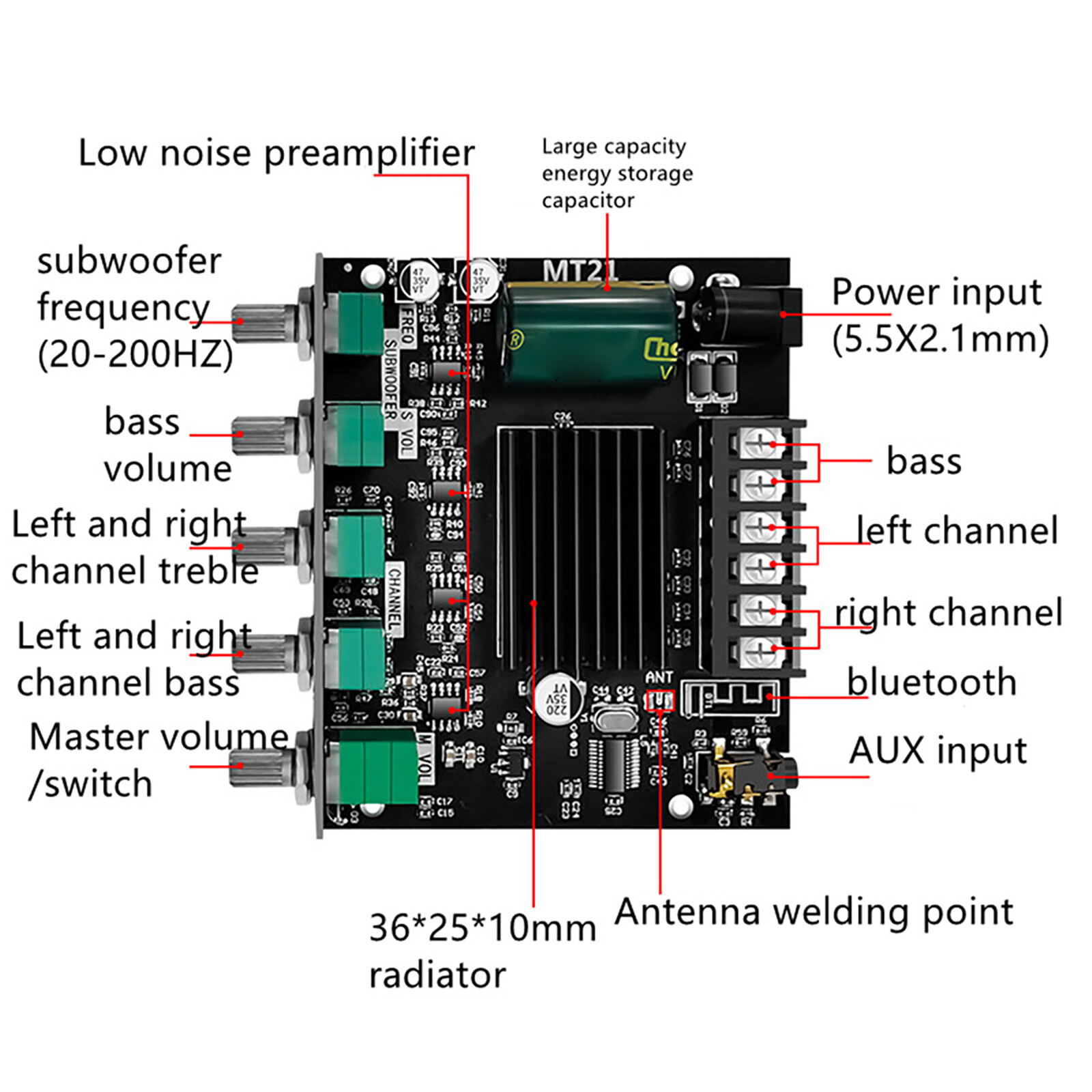 ZK-MT21 Bluetooth 5.0 Subwoofer Amplifier Board High Low Tone AMP 2.1 Channel
