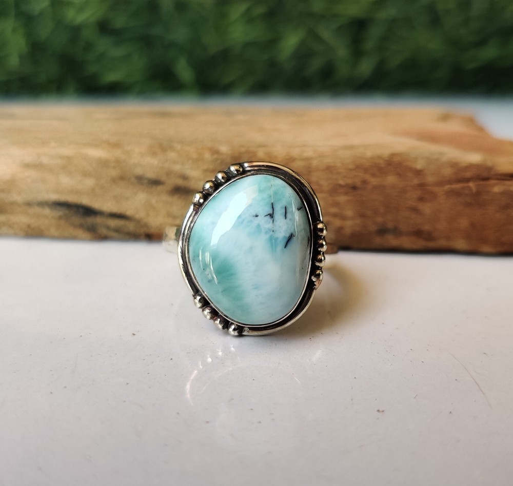 Unique Larimar Gemstone Ring 925 Sterling Silver Wedding Gift Statement Ring