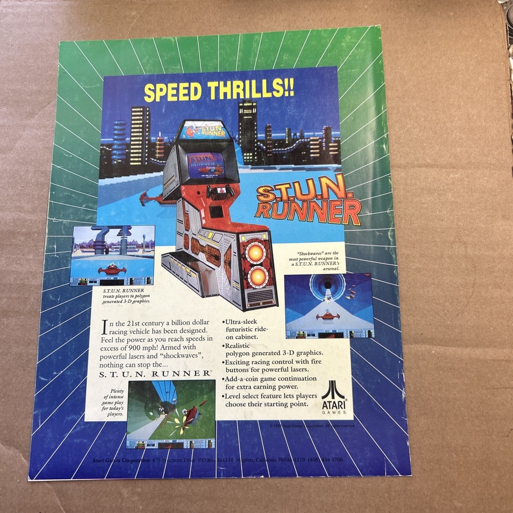original ad  11- 8" Atari Stun Runner 1989 ARCADE VIDEO GAME FLYER