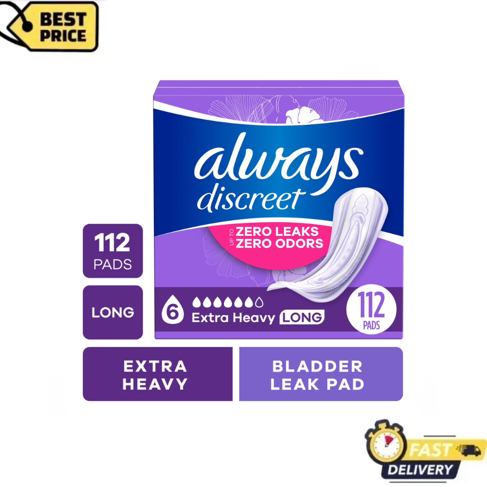 Always Discreet Incontinence Pads, Extra Heavy Long, 112 Count, Leak Protection