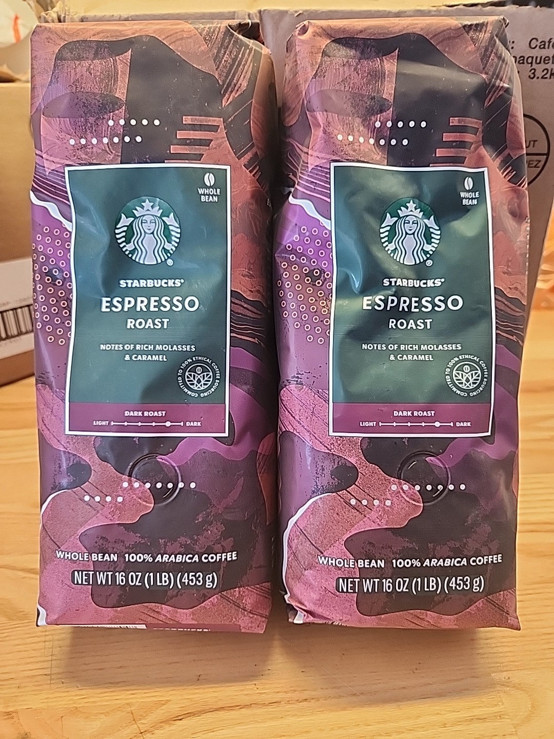 2 Packs Starbucks Espresso Dark Roast Whole Bean Coffee 16oz Each Pack = 32oz