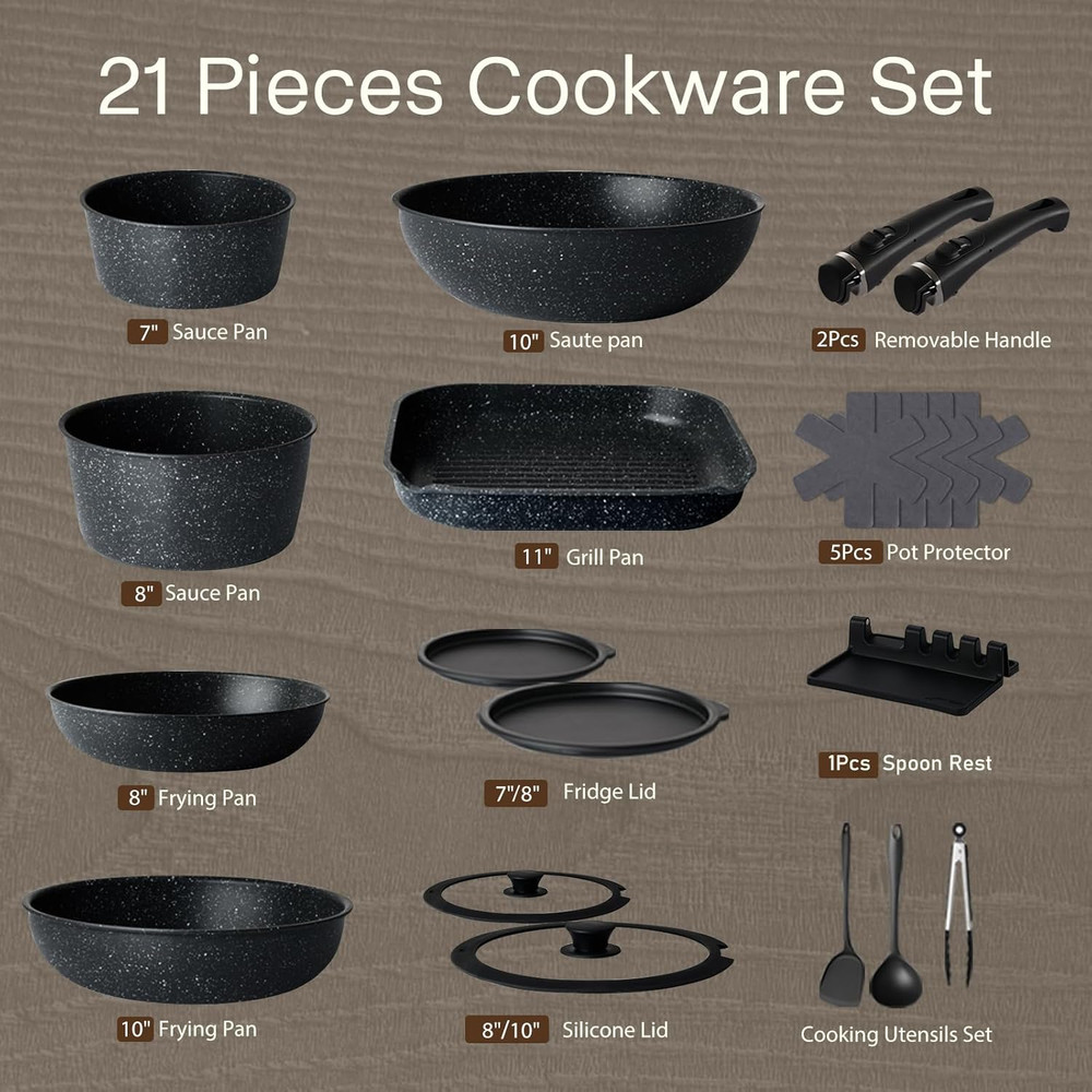 21 PCS Non-Stick Ceramic Cookware Set, Stackable & Portable, Black