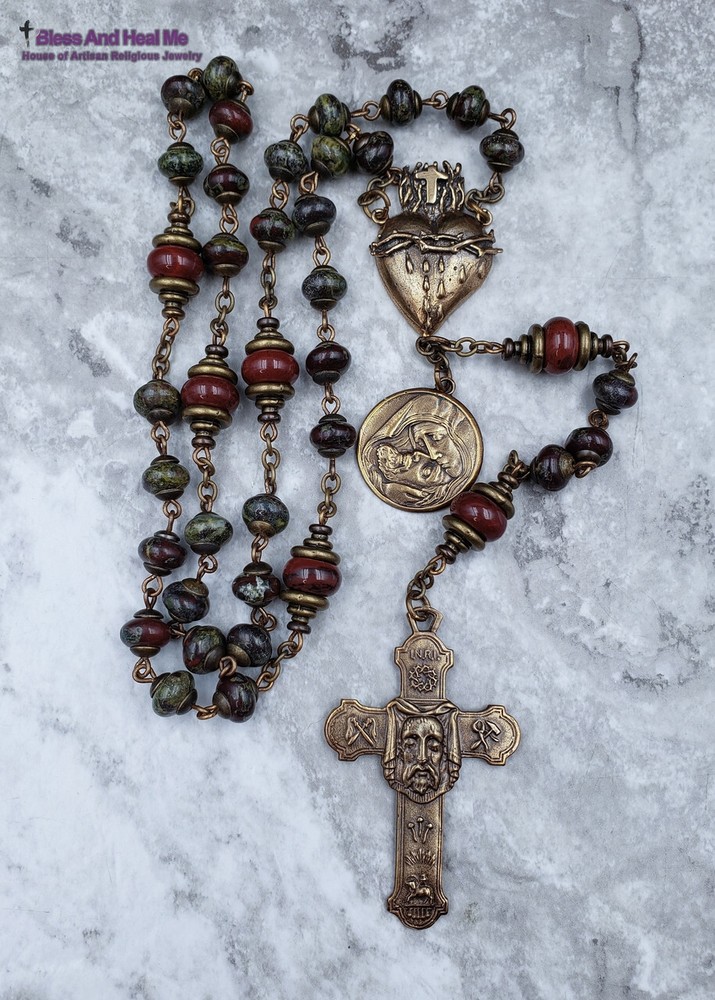 Holy Face of Jesus Sacred Bleeding Heart Pieta Bronze Bloodstone Jasper Chaplet