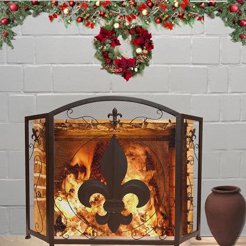 3-Panel Fireplace Screen Decorative with Fleur De Lis Design, Classic Dark
