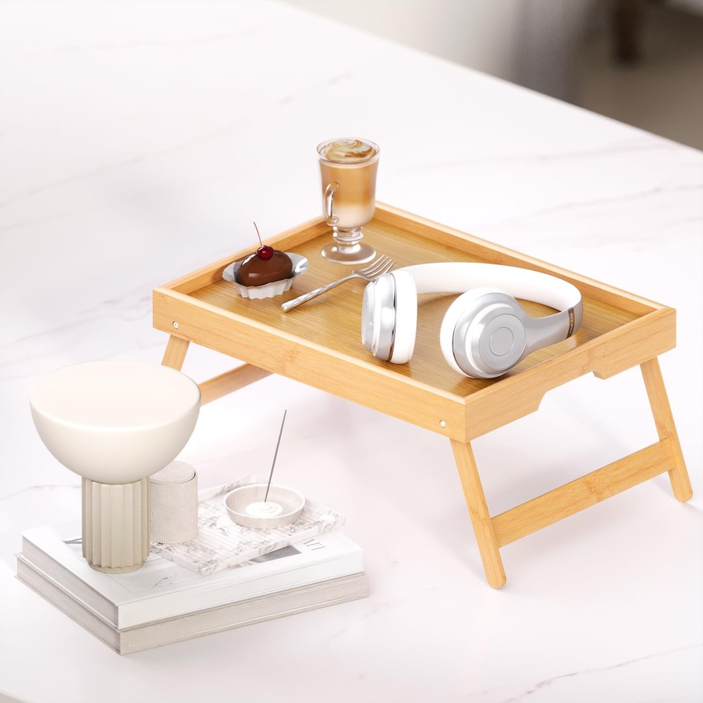2 Pack Bamboo Bed Tray Table Folding Legs Breakfast Serving Laptop Trays